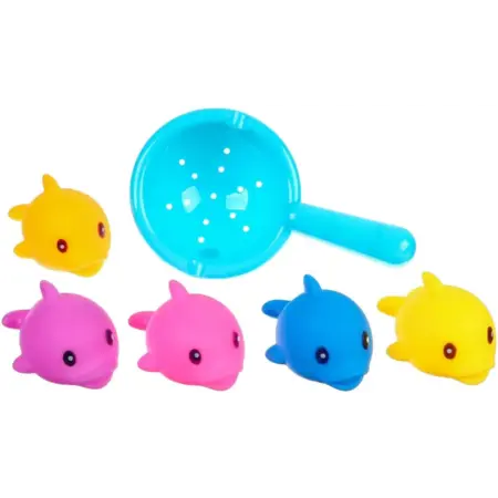 Игрушки для купания Поймай дельфина с пищалкой, 5 шт + сачок. KoroBoom Shop