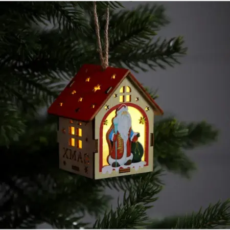 Деревянная ёлочная игрушка "Домик с Дедом Морозом", 8 см. KoroBoom Shop