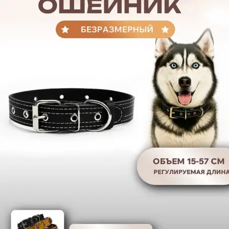 Ошейник безразмерный чёрный для средних и крупных собак. Fluffy's Tail