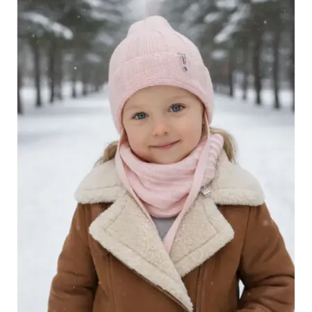 Шерстяная шапка на завязках с утеплителем и ажурный снуд. BAMBELI