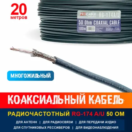 Коаксиальный кабель RG-174 A U (20 метров). SK STORE