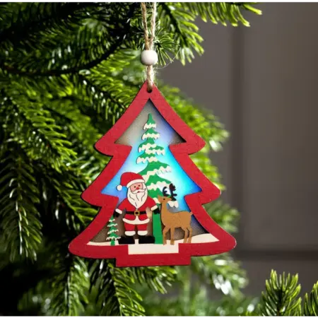 Деревянная ёлочная игрушка "Красная ёлочка с Дедом Морозом". KoroBoom Shop