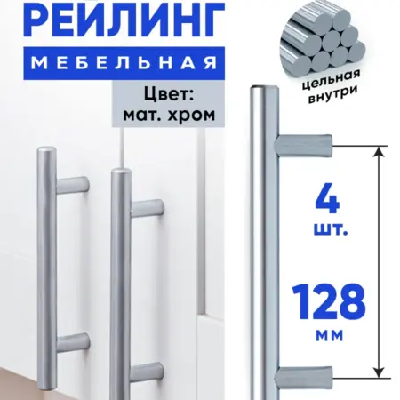 Ручки для мебели 128 мм Рейлинг Матовый хром 4 шт. FourniTure