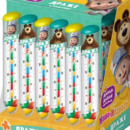 Игрушечные градусники с драже Маша и Медведь, 30 шт по 8г. Уголок сказки