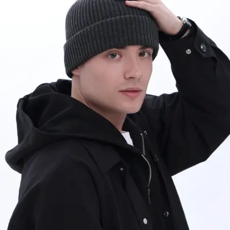 Шапка мужская теплая вязаная бини с двойным отворотом. RimaBol