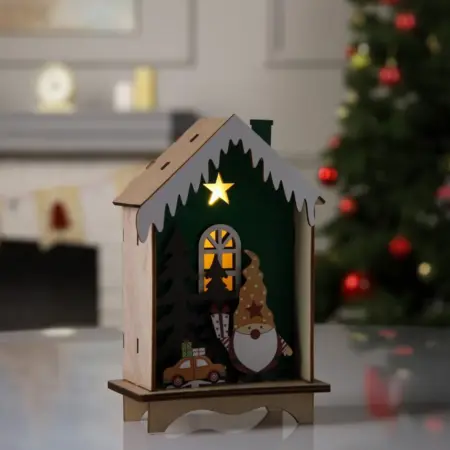 Новогоднее украшение "Зелёная хижина", дерево, теплый белый. KoroBoom Shop