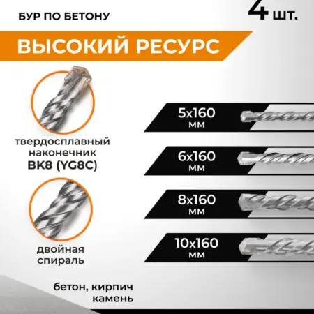 Набор буров по бетону 5,6,8,10х160 SDS-plus. RAGE tools