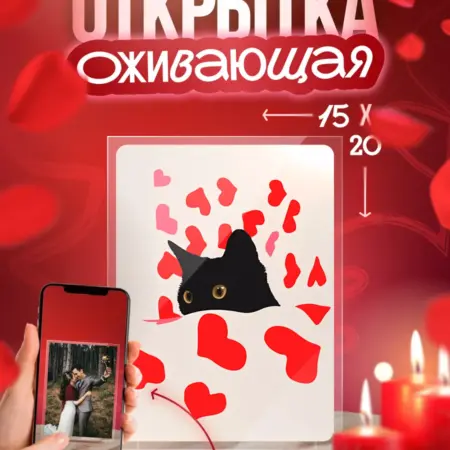 Оживающая открытка "Котик и сердца" подарок на 14 февраля. Arthata - Фотообои, Картины, Панно, Постеры