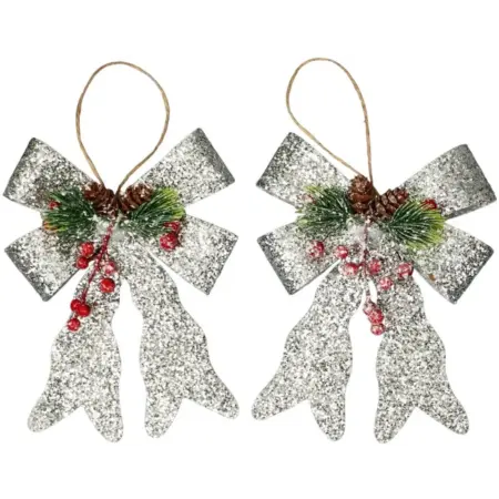 Ёлочные игрушки Бант элит, 2 шт, 12х14 см, пластик, серебро. KoroBoom Shop