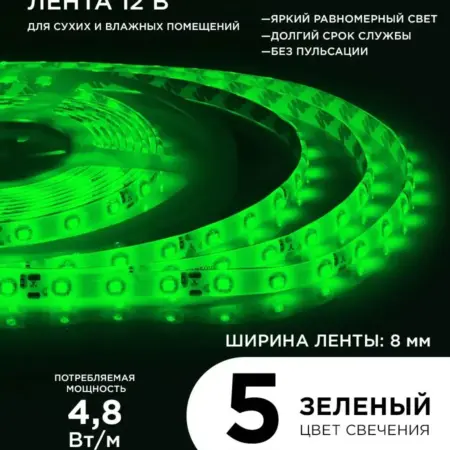 Светодиодная лента 12В, СТ 4,8Вт м 5м IP65, зел. Apeyron