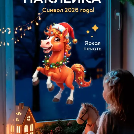 наклейки новогодние на окна символ года 2026 лошадь. Концепт НН