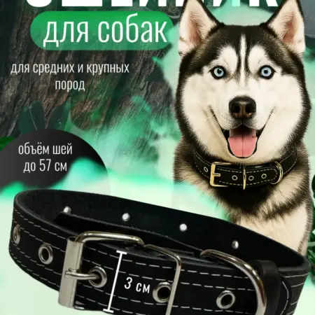Ошейник безразмерный чёрный для средних и крупных собак. Fluffy's Tail