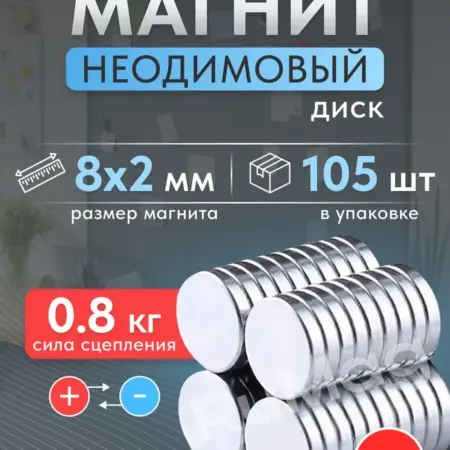 Неодимовый магнит диск 8х2 мм 105 штук. RUMAG