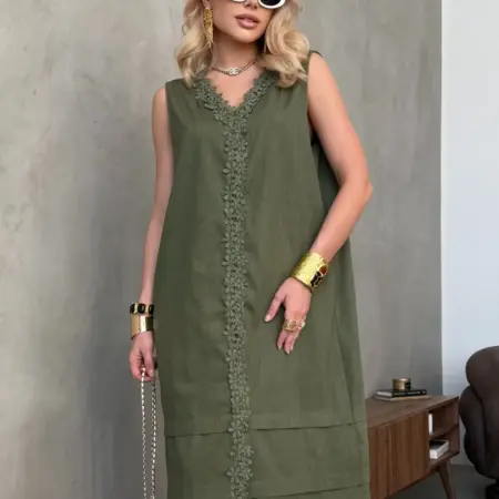 Летнее повседневное платье миди льняное с кружевом. KatyPretty