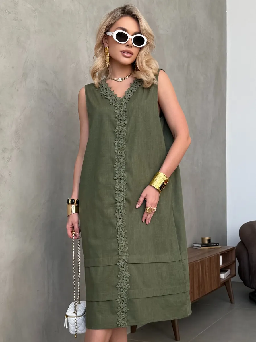 Летнее повседневное платье миди льняное с кружевом. KatyPretty