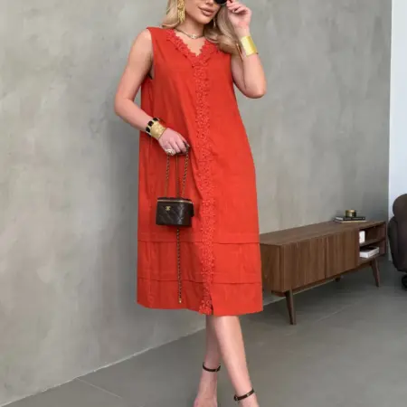 Летнее повседневное платье миди льняное с кружевом. KatyPretty