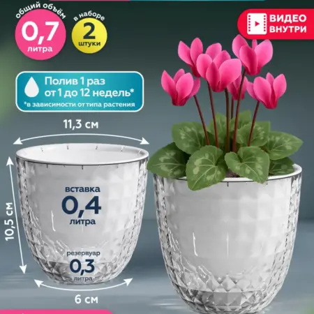 Горшок с фитильным поливом кашпо для цветов 2 шт по 0,7 л. MITBAH