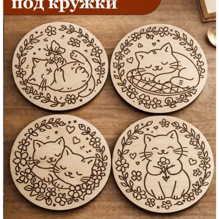 Подставка под кружку деревянная 4 шт, диаметр 10 см. ИП Беседин В.В.
