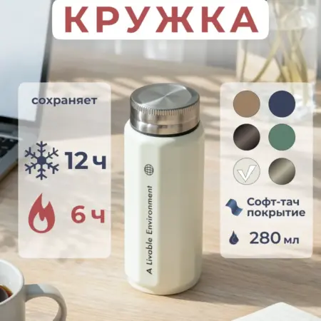 Термобутылка для чая и кофе 340 мл стильный дизайн. Барнео