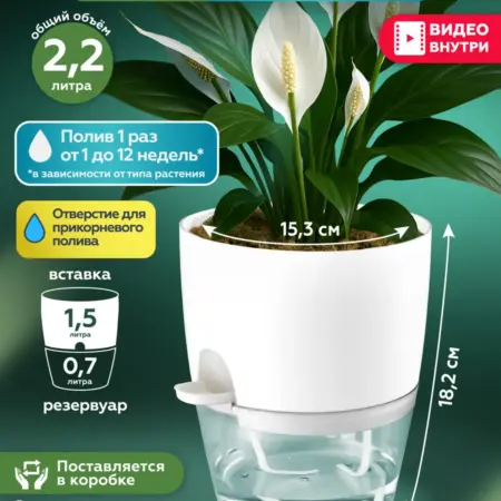 Горшок с фитильным поливом кашпо для цветов 2,2 л. MITBAH