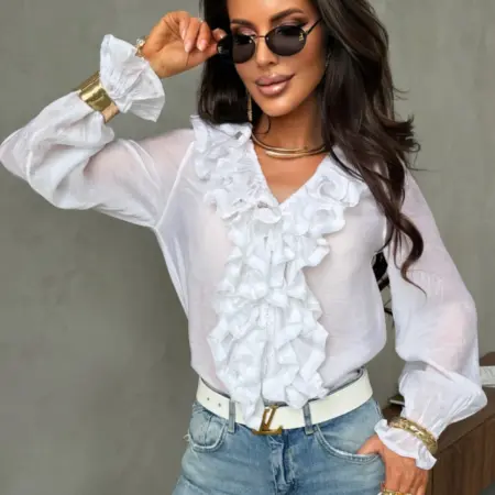 Летняя нарядная блузка офисная с рюшами и воланами. KATYPRETTY