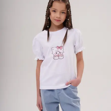 Футболка для девочки нарядная белая с принтом. KARI
