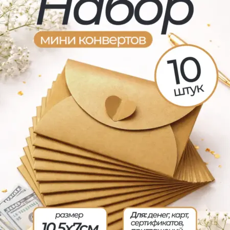 Конверты мини с застежкой сердце 10шт. INES
