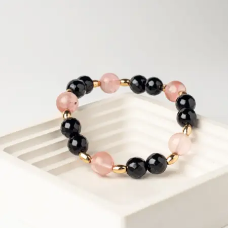 Браслет из натурального черного агата и морганита. Роскошь ЗОЛОТА!