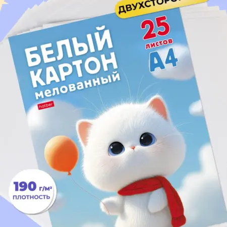 Белый картон мелованный 25 листов А4 в папке. Официальный магазин Хатбер-М