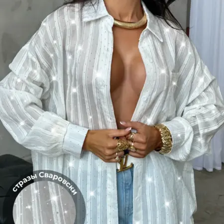 Легкая летняя рубашка удлиненная в полоску со стразами. PERFERITA