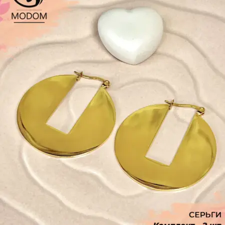 Круглые необычные серьги диски с вырезом в стиле old money. MODOM
