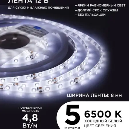 Светодиодная лента 12В, СТ 4,8Вт м 5м IP65, 6500К. Apeyron
