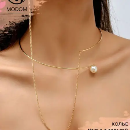 Тонкое вечернее колье обруч с цепочкой и серьгой в ухо. MODOM