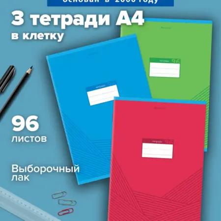 Тетрадь А4 в клетку 96 листов для записей общая, набор 3 шт. САМСОН
