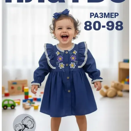 Платье джинсовое для малышей 1, 2 года, модное с кружевом. Пчелка