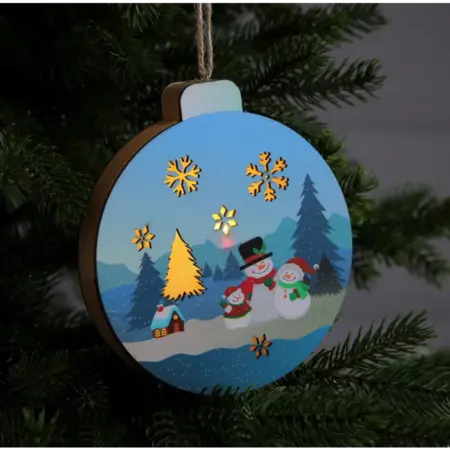 Деревянная ёлочная игрушка "Семья снеговиков" с подсветкой. KoroBoom Shop