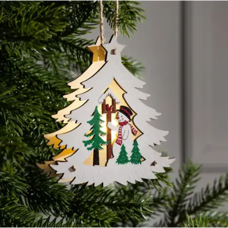 Деревянная ёлочная игрушка "Ёлочка со снеговиком", 12 см. KoroBoom Shop