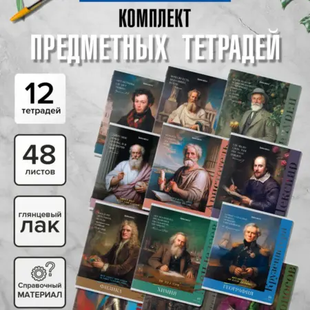 Предметные тетради 48 листов в клетку и линейку 12 шт набор. САМСОН