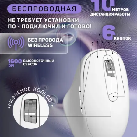 Мышка беспроводная для ноутбука ERGO, 1600 DPI, 6 кн белая. Perfeo