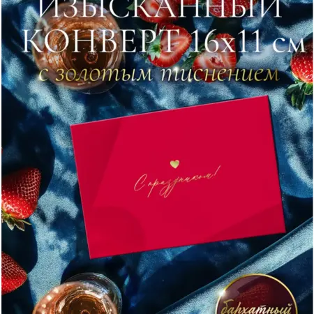 Роскошный красный конверт «С праздником» 16*11 см. Бумага и Холст