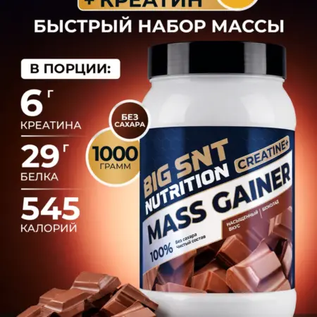Гейнер для быстрого набора массы шоколад 1 кг. Спортивное питание BIGSNT
