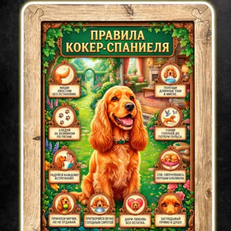 Картина Правила Кокер-спаниеля, постер в рамке, А4. BoberBox