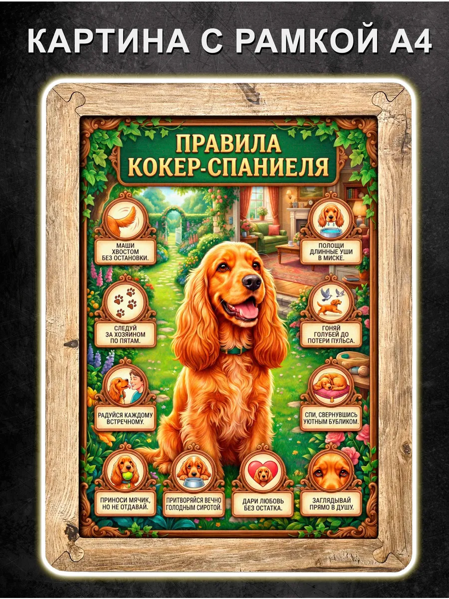 Картина Правила Кокер-спаниеля, постер в рамке, А4. BoberBox