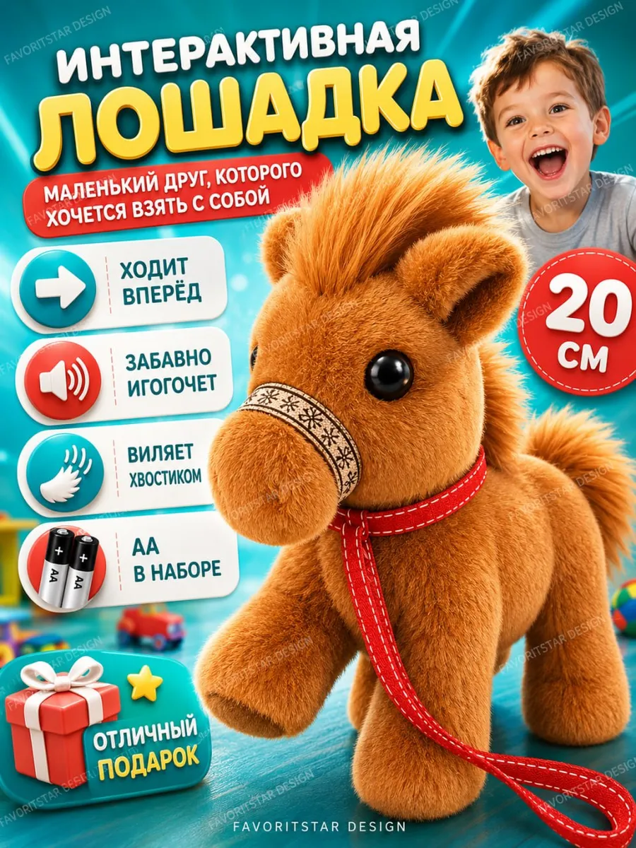 Интерактивная игрушка лошадка на поводке для ребенка. FAVORITE DESIGN
