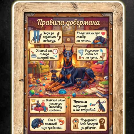 Картина Правила Добермана, постер в рамке, А4. BoberBox