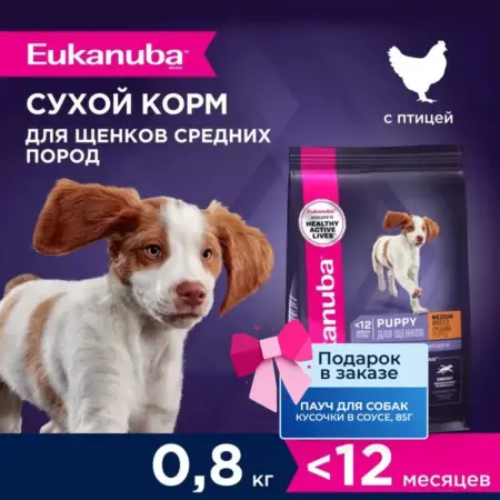 Корм сухой для щенков средних пород Курица, 800 г. ЗооОптТорг.РФ
