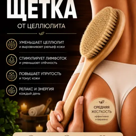 Щетка для сухого массажа тела натуральная, антицеллюлитная. MAZLED