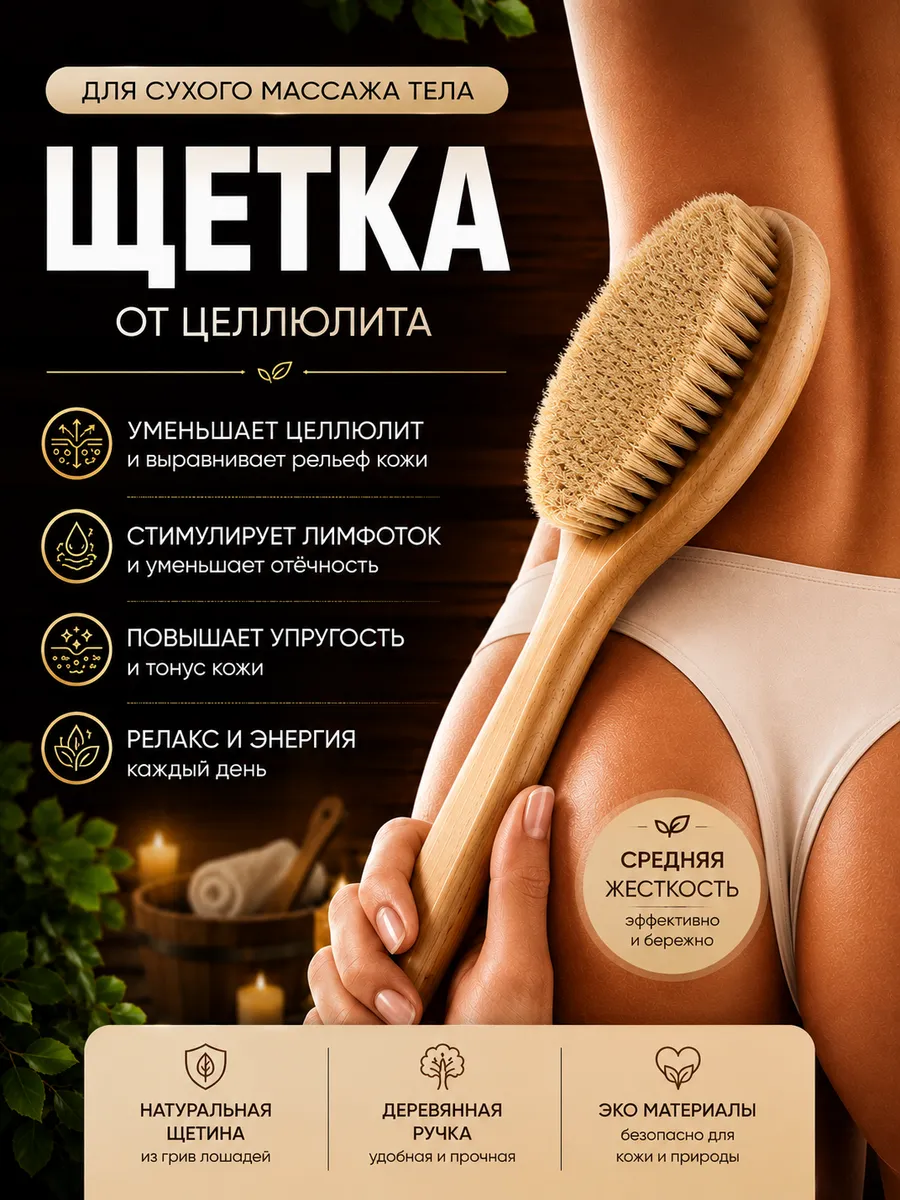 Щетка для сухого массажа тела натуральная, антицеллюлитная. MAZLED
