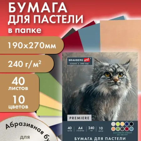 Бумага для пастели, рисования художественная A4, 40 л 10 цв. САМСОН